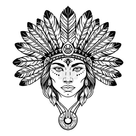 head of a young woman in a traditional American Indian headdress. black and white outline illustration, coloring page