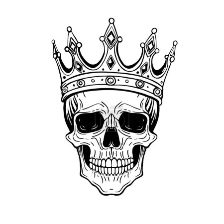 Photo for Hand drawn skull with a crown on its head, black and white graphic illustration - Royalty Free Image