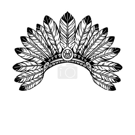 Illustration for Traditional American Indian Headdress, Hand Drawn Outline Illustration, Black and White Design on White - Royalty Free Image
