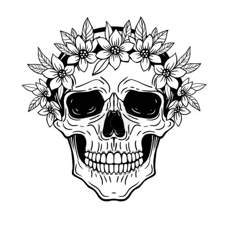 Photo for Skull in flower wreath, black and white illustration - Royalty Free Image