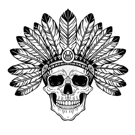 Illustration for Skull in traditional American Indian headdress, hand drawn monochrome illustration, coloring page - Royalty Free Image