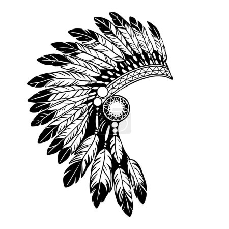 Traditional American Indian headdress. Ink drawn graphics. Black and white illustration