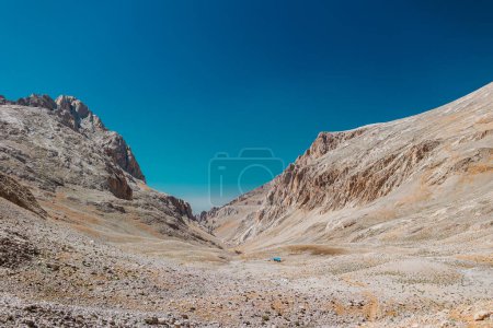 Aladaglar National Park. Cloudy mountain landscape. Glacial mountains, hills. Transmountain trips. Trekking Aladaghlar. Turkey