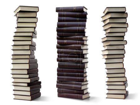 Three high stacks or piles of many classical brown identical books isolated on a white background with shadows. Collected works of one author