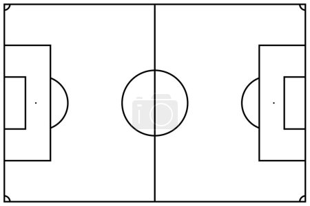 Ilustración simplificada de un campo de fútbol con distintas líneas negras y círculo en el centro.
