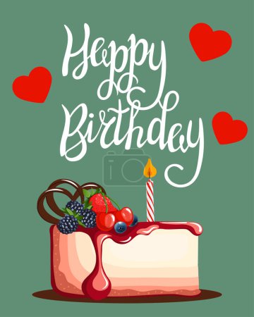 Illustration for Piece of fruit cheesecake with a candle, happy birthday vector greeting card - Royalty Free Image