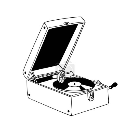 Ilustración de Antiguo reproductor de gramófono vintage con un disco de vinilo, pictograma vectorial dibujado a mano - Imagen libre de derechos