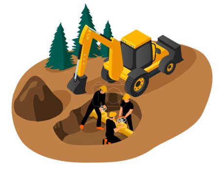 Isometrischer Vektor eines Baggers beim Ausheben einer Grube und Arbeiter bei der Reparatur einer Wasserleitung