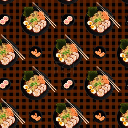 Flat lay vector patrón sin costuras de sopa japonesa Ramen y su variedad de ingredientes