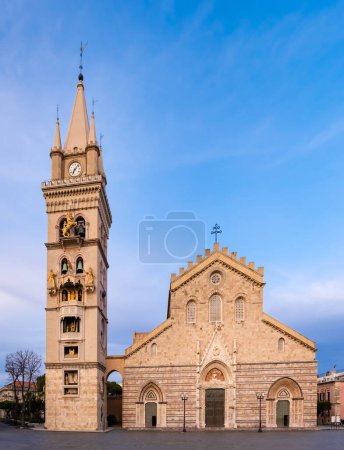Photo for Messina Cathedral or Duomo di Messina. Basilica located on Piazza Duomo Square in Sicily, Italy. Bell tower is famous for biggest and most complex astronomical clock with gilded bronze statues - Royalty Free Image