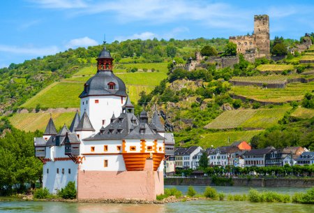 Pfalzgrafenstein Castle on island on Rhine river with Castle Gutenfels, Kaub town, Rhine valley hills and vineyards in Rhineland-Palatinate, Germany.