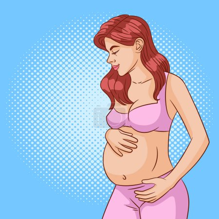 Illustration for Color vector illustration in pop art style. Pregnant woman on a blue background. A young woman is preparing to become a mother. Conceptual poster about pregnancy and motherhood - Royalty Free Image