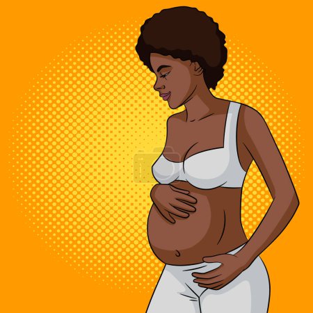 Illustration for Vector illustration of a pregnant woman. A dark-skinned young woman holds her belly with her hand. A beautiful afro-american woman stands pregnant in her underwear. Poster for planning a child. - Royalty Free Image