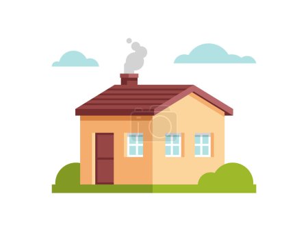 Illustration for Vector illustration in flat style isolated on white background. House on the background of nature. Small house with a red roof. Clipart for web page, banner, flyer - Royalty Free Image