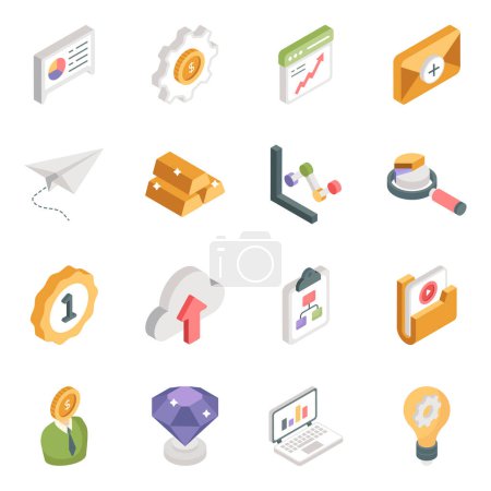 Téléchargez les illustrations : Pack d'icônes isométriques d'affaires et d'analyse - en licence libre de droit