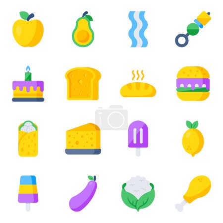 Ilustración de We bring amazing pack of food icons in flat style. These icons are perfect for logos, Instagram highlights, business cards, prints, stationery, recipe cards, etc. - Imagen libre de derechos