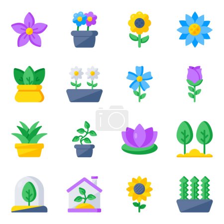 Téléchargez les illustrations : Flat icons pack of flowers is here engraving vectors isolated on white background. Happy downloading. - en licence libre de droit