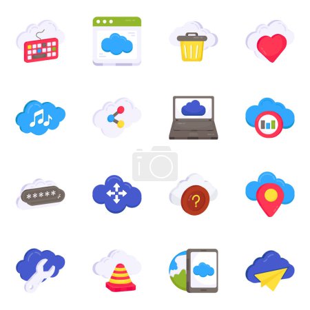 Téléchargez les illustrations : Pack de données Cloud Icônes plates - en licence libre de droit