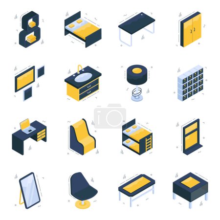 Téléchargez les illustrations : Pack d'icônes isométriques intérieures à la maison - en licence libre de droit