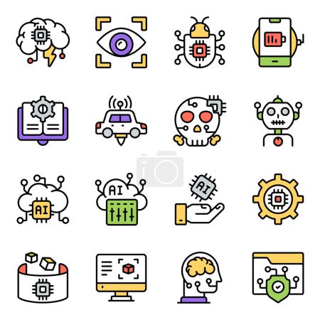 Conjunto de iconos planos de inteligencia artificial 