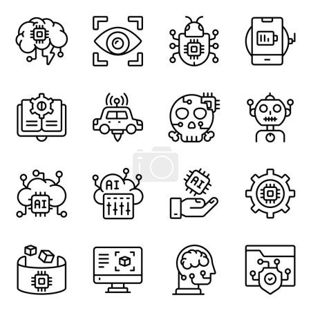 Conjunto de iconos lineales de inteligencia artificial 