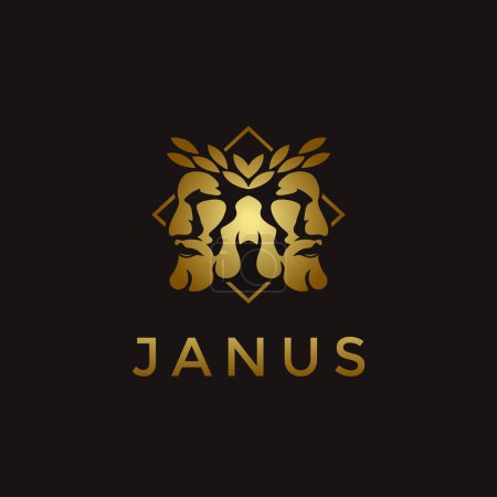 Illustration for Elegance gold Janus God logo wearing leaf crown vector icon on black background - Royalty Free Image