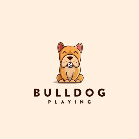 Foto de Mascota personaje de dibujos animados bulldog logo vector ilustración jugando con pelota, divertido y juguetón logo estilo sobre fondo claro - Imagen libre de derechos