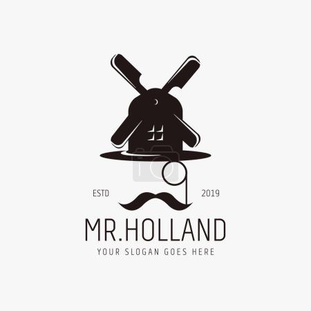 Ilustración de Vintage moderno Mister Holland, gafas bigote y molino de viento icono del logotipo - Imagen libre de derechos
