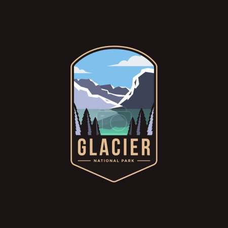 Ilustración del logotipo del parche del emblema del Parque Nacional Glaciar Ilustración del logotipo del parche del emblema sobre fondo oscuro