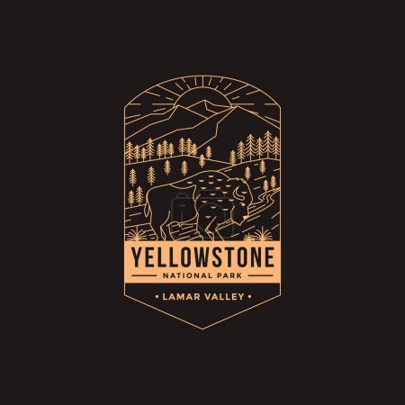 Téléchargez les illustrations : Logo de l'emblème Lineart représentant le parc national Lamar Valley Yellowstone - en licence libre de droit