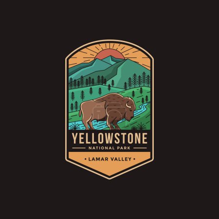 Téléchargez les illustrations : Logo de l'emblème Lineart représentant le parc national Lamar Valley Yellowstone - en licence libre de droit