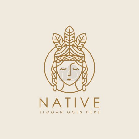 Illustration for Line art female native american indian logo icon vector illustration on dark background - Royalty Free Image