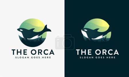 Modern scenery of sea life, underwater orca logo icon vector illustration on white background