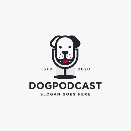 Foto de Resumen divertido micrófono mascota perro podcast logotipo icono vector ilustración sobre fondo blanco - Imagen libre de derechos