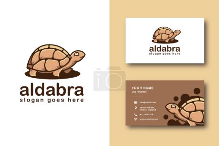 Téléchargez les illustrations : Amusant gai Aldabra tortue dessin animé mascotte logo icône vectoriel illustration et modèle de carte de visite - en licence libre de droit