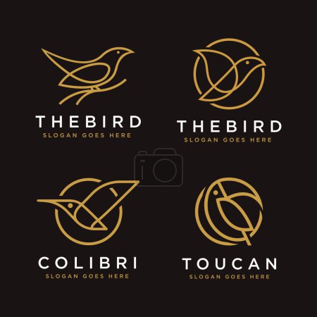 Téléchargez les illustrations : Jeu de Modèle vectoriel d'icône de logo d'oiseau géométrique Line art sur fond sombre - en licence libre de droit