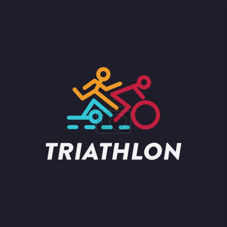 Illustration for Minimalist Triathlon endurance multisport race, swimming, cycling, and running logo vector on dark background - Royalty Free Image