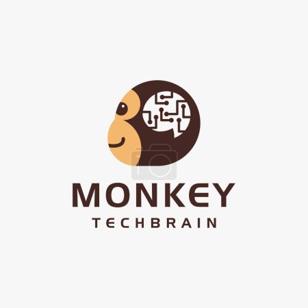 Foto de Divertida cabeza de mono simple juguetona con el vector de icono del logotipo del cerebro del circuito de conexión digital sobre fondo blanco - Imagen libre de derechos