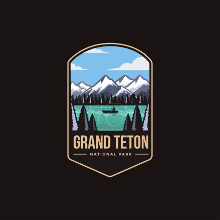 Emblem Patch Logo Illustration des Grand Teton National Park auf dunklem Hintergrund