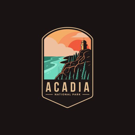 Illustration pour Illustration emblématique du logo du parc national Acadia sur fond sombre - image libre de droit