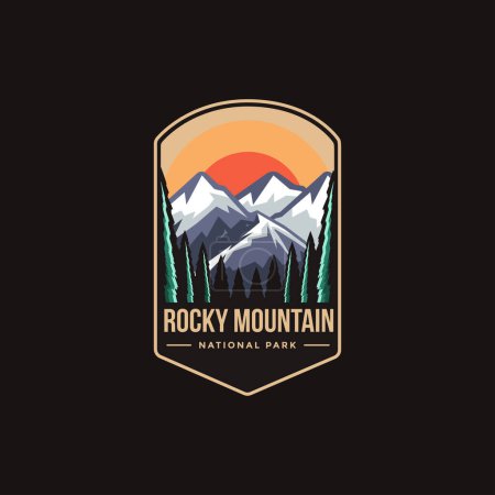 Foto de Ilustración del logotipo del parche del emblema del Parque Nacional de las Montañas Rocosas sobre fondo oscuro - Imagen libre de derechos