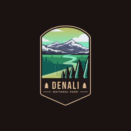 Ilustración de Ilustración del logotipo del parche del emblema del Parque Nacional Denali sobre fondo oscuro - Imagen libre de derechos