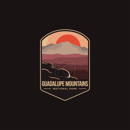 Téléchargez les illustrations : Illustration emblématique du logo du parc national des Monts Guadalupe sur fond sombre - en licence libre de droit