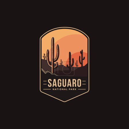Téléchargez les illustrations : Emblème logo logo illustration du parc national Saguaro sur fond sombre - en licence libre de droit