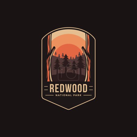 Téléchargez les illustrations : Emblème logo logo illustration du parc national Redwood sur fond sombre - en licence libre de droit