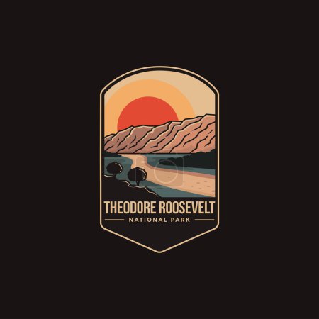 Téléchargez les illustrations : Illustration emblématique du logo du parc national Theodore Roosevelt sur fond sombre - en licence libre de droit