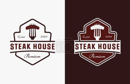Foto de Vintage emblema de insignia retro Steak house logo vector icono con tenedor y en rodajas de filete logotipo - Imagen libre de derechos