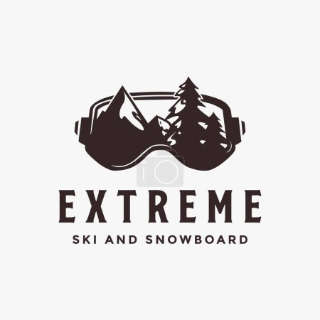 Vintage snowboard ski logo vector with ski snowboarding glasses and wild mountain concept