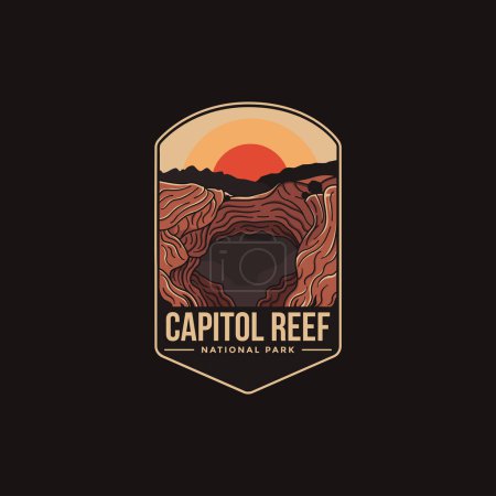 Téléchargez les illustrations : Emblème logo logo illustration du parc national du récif du Capitole sur fond sombre - en licence libre de droit