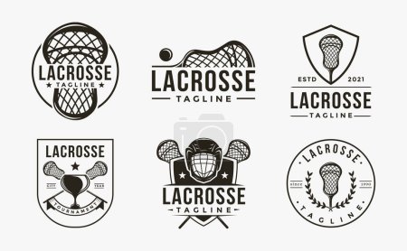 Set mit Vintage Seal Badge Lacrosse Sport Logo mit Lacrosse Ausrüstung Vektor Symbol auf weißem Hintergrund